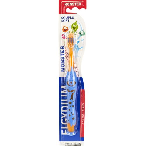 Elgydium Monster Soft Toothbrush 2/6 Years Μπλε - Πορτοκαλί Χειροκίνητη Οδοντόβουρτσα με Απαλές Ίνες για Πλήρη Καθαρισμό για Παιδιά από 2 έως 6 Ετών 1 Τεμάχιο